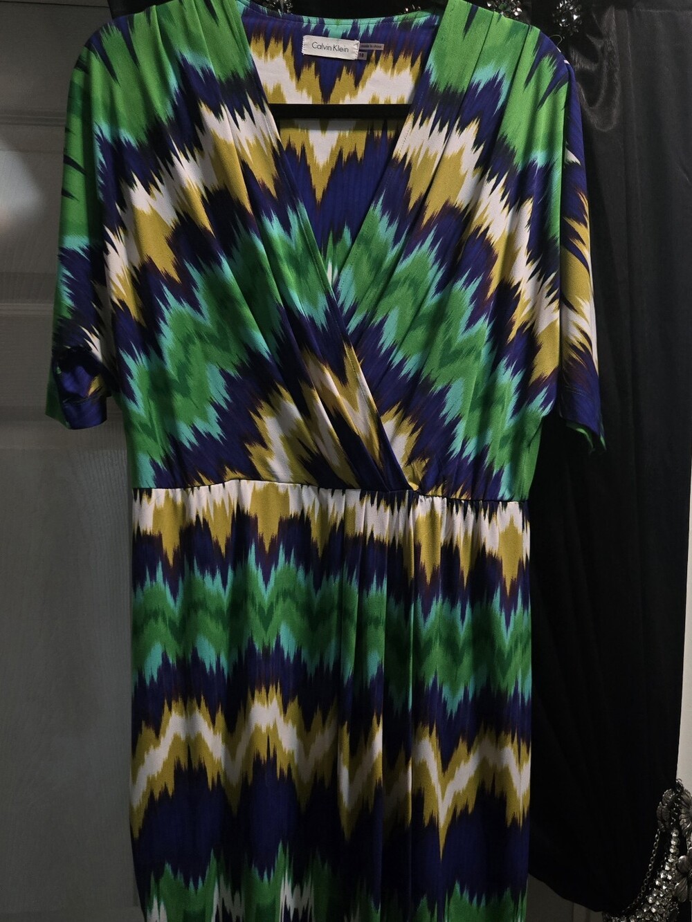 Calvin Klein Green Navy Yellow Ikat-Print Midi Wrap Dress Sz 10